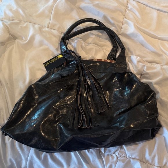 Black Leather Tote Bag with Tassels - Picture 1 of 6